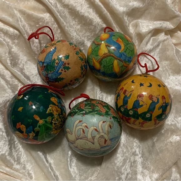 Other - Vintage 12 Days of Christmas Paper Maché Ornaments Set of 5 - Partridge, Swans